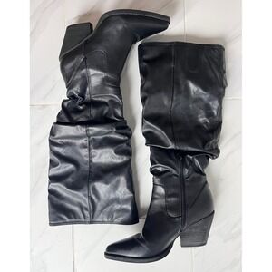 Zodiac Black Leather Slouchy Tall Block Heel Pointed Toe Boots Womens Size 9.5